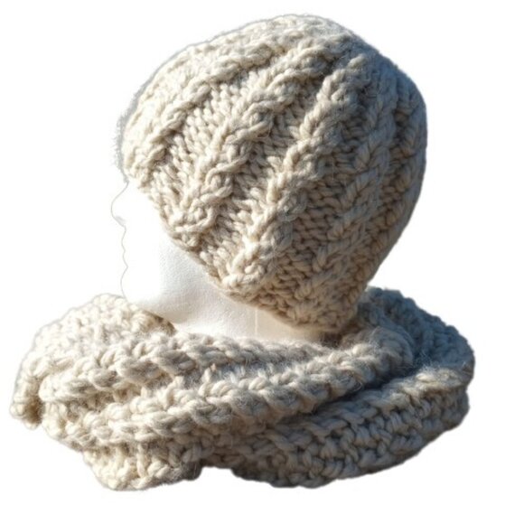 Womens Handmade Alpaca Beanie Hat and Scarf Set Beige Cable Knit Chunky Combo main image 5
